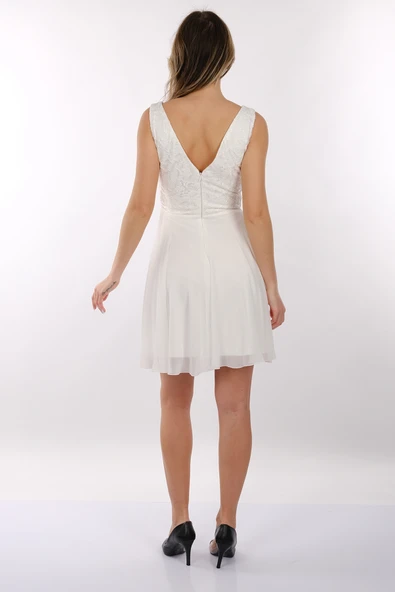 DORİDORCA V Yaka Dantelli Geniş Askılı Şifon Mini Abiye Elbise 2247028 - 11