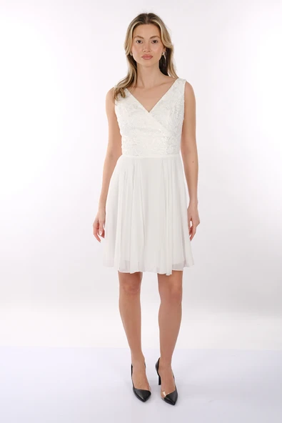 DORİDORCA V Yaka Dantelli Geniş Askılı Şifon Mini Abiye Elbise 2247028 - 2