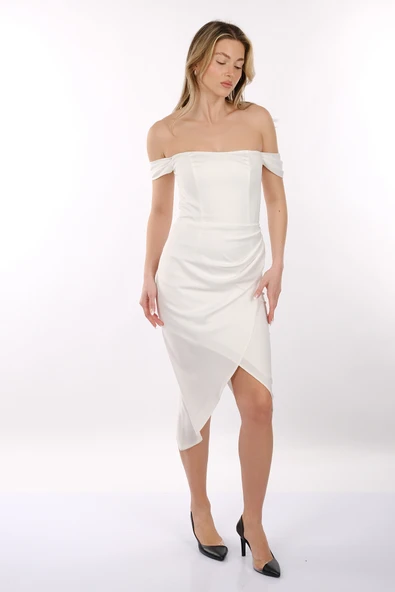 DORİDORCA Kadın Düşük Omuzlu Önden Yırtmaçlı Şifon Abiye Elbise 2244014 - 5