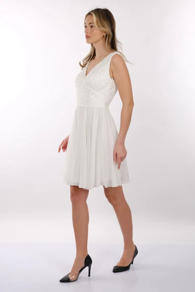 DORİDORCA V Yaka Dantelli Geniş Askılı Şifon Mini Abiye Elbise 2247028 - 4