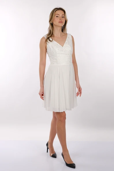 DORİDORCA V Yaka Dantelli Geniş Askılı Şifon Mini Abiye Elbise 2247028 - 5