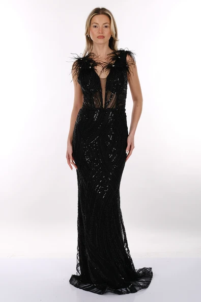 Ankyra Kupon Kumaş Tüy Detaylı Balık Abiye Elbise 25Y1811 - Resim 2