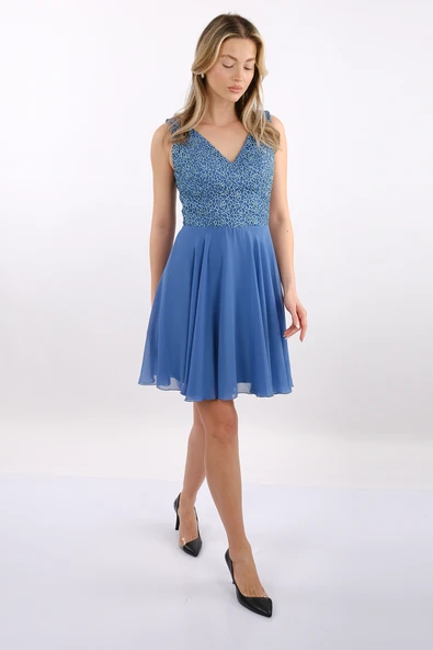 DORİDORCA V Yaka Dantelli Geniş Askılı Şifon Mini Abiye Elbise 2247028 - 8