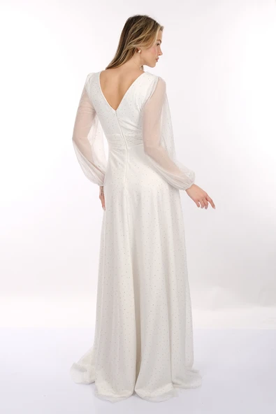 DORİDORCA V Yaka Drapeli Uzun Kollu Şifon Maxi Boy Kadın Abiye Elbise 2246088 - 6