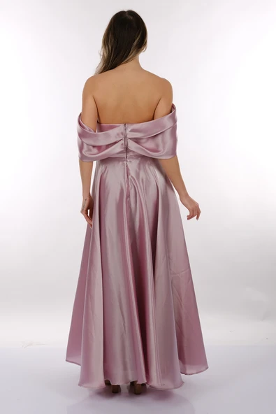 DORİDORCA Düşük Omuz Drapeli Saten Maxi Boy Kadın Abiye 2246101 - Resim 7