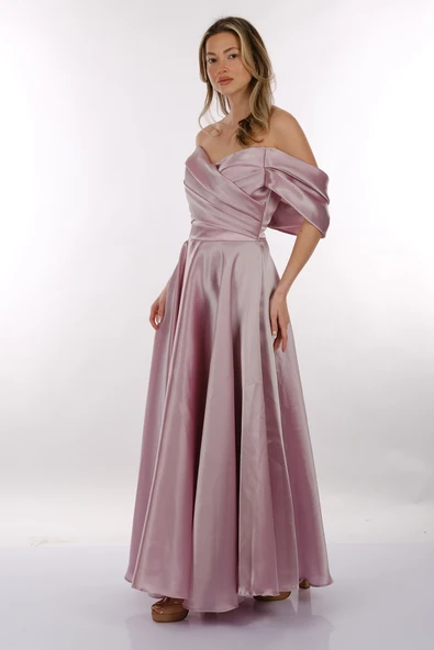 DORİDORCA Düşük Omuz Drapeli Saten Maxi Boy Kadın Abiye 2246101 - Resim 5