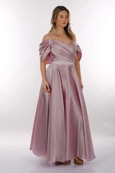 DORİDORCA Düşük Omuz Drapeli Saten Maxi Boy Kadın Abiye 2246101 - Resim 4