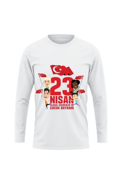 ALPŞAN TİCARET  Atatürk Ve Bayrak Baskılı Imzalı 23 Nisan Pamuklu Yumuşak Beyaz T-shirt Uzun Kollu - Resim 6