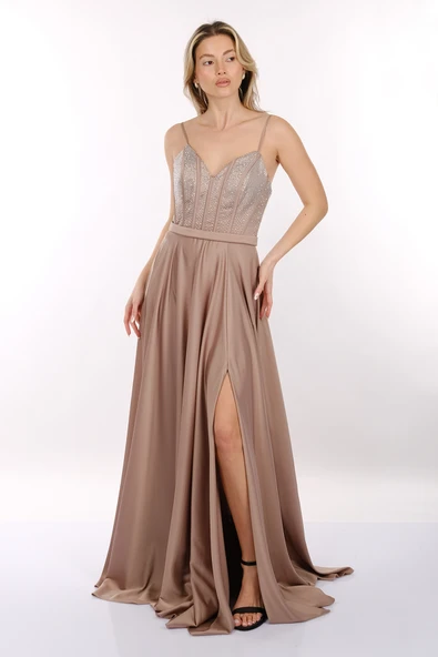 DORİDORCA İp Askılı V Yaka Önden Yırtmaçlı Maxi Boy Kadın Abiye 2246123 - Resim 3