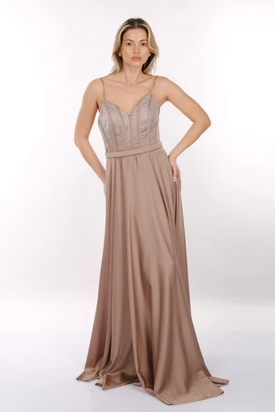 DORİDORCA İp Askılı V Yaka Önden Yırtmaçlı Maxi Boy Kadın Abiye 2246123 - Resim 6