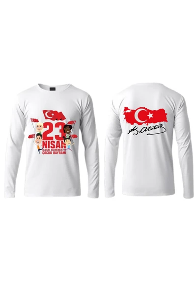 ALPŞAN TİCARET  Atatürk Ve Bayrak Baskılı Imzalı 23 Nisan Pamuklu Yumuşak Beyaz T-shirt Uzun Kollu