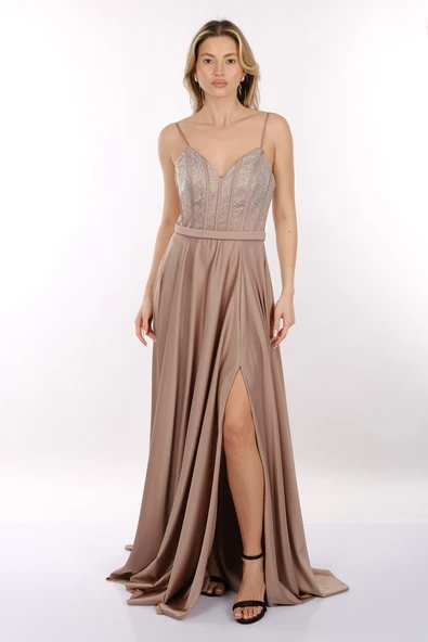 DORİDORCA İp Askılı V Yaka Önden Yırtmaçlı Maxi Boy Kadın Abiye 2246123 - Resim 2