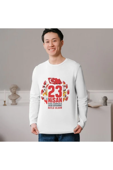 ALPŞAN TİCARET  Çocuk Bayramı Baskılı Uzun Kollu İnce T-shirt Çocuk Yetişkin 23 Nisan Uzun Kollu Tişört - Resim 3