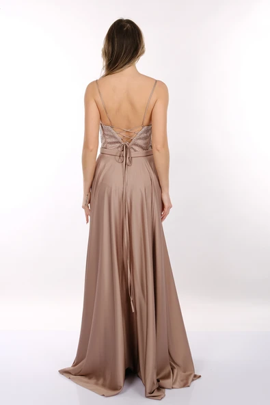 DORİDORCA İp Askılı V Yaka Önden Yırtmaçlı Maxi Boy Kadın Abiye 2246123 - Resim 7