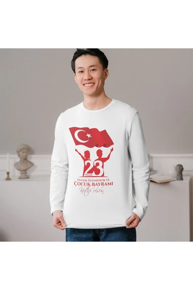 ALPŞAN TİCARET  23 Nisan Baskılı Uzun Kollu İnce T-shirt Çocuk Yetişkin Çocuk Bayramı Uzun Kollu Tişört - Resim 2
