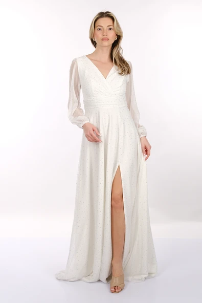 DORİDORCA V Yaka Drapeli Uzun Kollu Şifon Maxi Boy Kadın Abiye Elbise 2246088 - 7