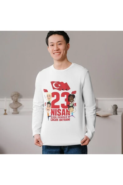 ALPŞAN TİCARET  Atatürk Ve Bayrak Baskılı Imzalı 23 Nisan Pamuklu Yumuşak Beyaz T-shirt Uzun Kollu - Resim 4