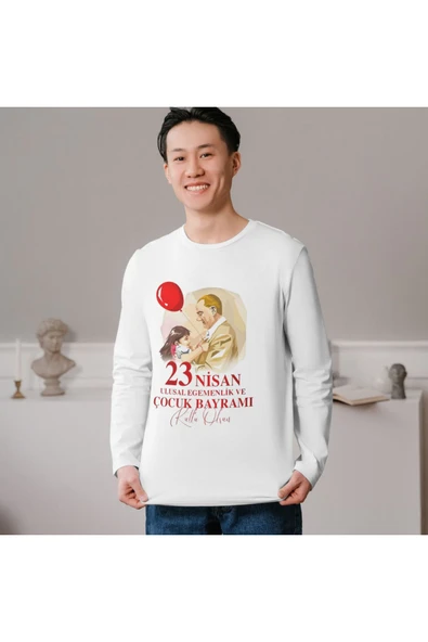 ALPŞAN TİCARET  23 Nisan Atatürk Baskılı Uzun Kollu İnce T-shirt Çocuk Yetişkin Çocuk Bayramı Uzun Kollu Tişört - Resim 3