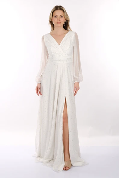 DORİDORCA V Yaka Drapeli Uzun Kollu Şifon Maxi Boy Kadın Abiye Elbise 2246088 - 8