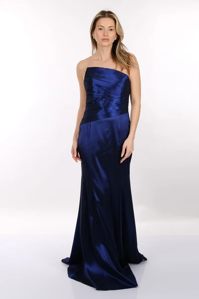 Dori Straplez Drapeli Saten Maxi Boy Kadın Abiye 2246115 - 7