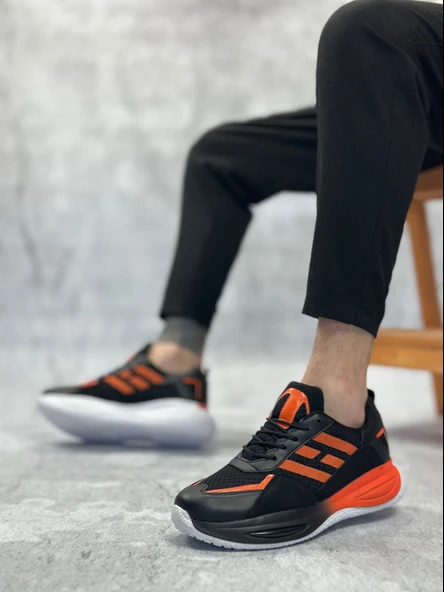 BA0650 Tarz Sneakers Yüksek Taban Siyah Turuncu Spor Ayakkabısı