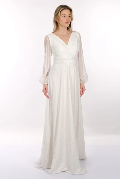 DORİDORCA V Yaka Drapeli Uzun Kollu Şifon Maxi Boy Kadın Abiye Elbise 2246088 - 3