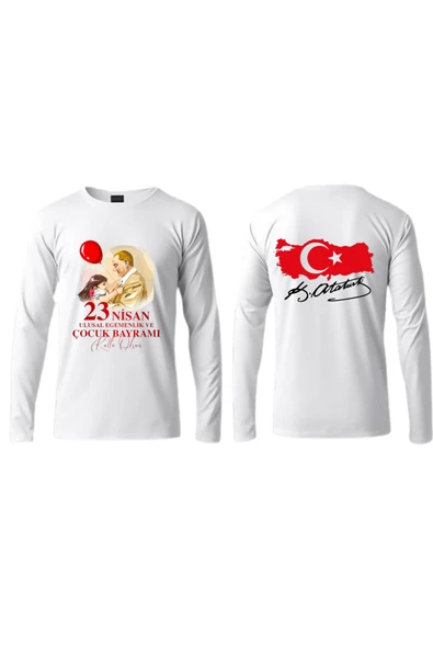 ALPŞAN TİCARET  23 Nisan Atatürk Baskılı Uzun Kollu İnce T-shirt Çocuk Yetişkin Çocuk Bayramı Uzun Kollu Tişört