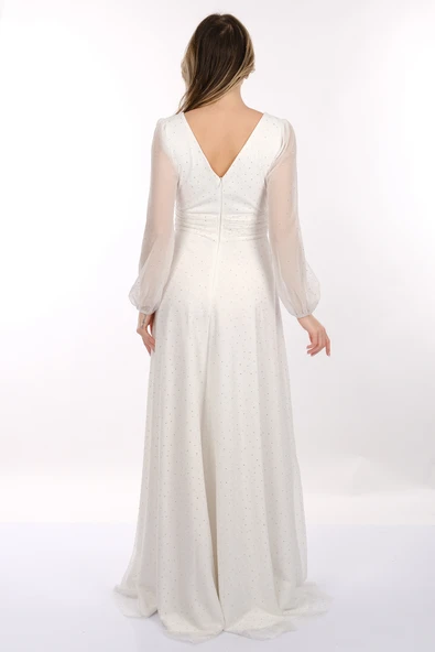 DORİDORCA V Yaka Drapeli Uzun Kollu Şifon Maxi Boy Kadın Abiye Elbise 2246088 - 5