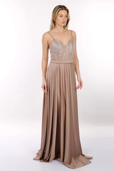 DORİDORCA İp Askılı V Yaka Önden Yırtmaçlı Maxi Boy Kadın Abiye 2246123 - Resim 5