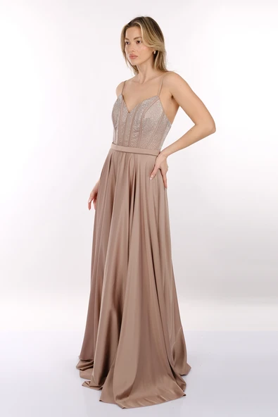 DORİDORCA İp Askılı V Yaka Önden Yırtmaçlı Maxi Boy Kadın Abiye 2246123 - Resim 4