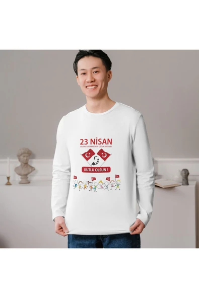 ALPŞAN TİCARET  23 Nisan Baskılı Uzun Kollu İnce T-shirt Çocuk Yetişkin Çocuk Bayramı Uzun Kollu Tişört - 2