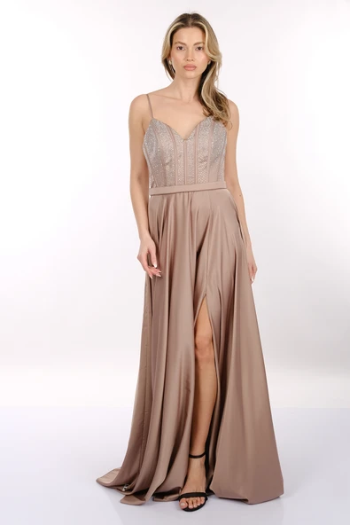 DORİDORCA İp Askılı V Yaka Önden Yırtmaçlı Maxi Boy Kadın Abiye 2246123 - Resim 9