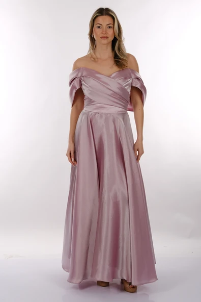 DORİDORCA Düşük Omuz Drapeli Saten Maxi Boy Kadın Abiye 2246101 - Resim 2