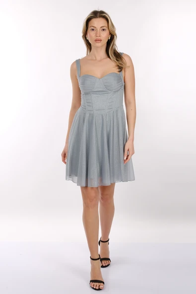 DORİDORCA Geniş Askılı Kare Yaka Mini Abiye Elbise 2246074 - Resim 8