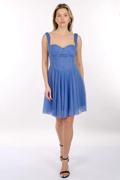 DORİDORCA Geniş Askılı Kare Yaka Mini Abiye Elbise 2246074 - Resim 6