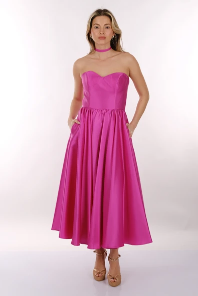 Dori Straplez Kalp Yaka Kabarık Saten Midi Boy  Kadın Abiye 2246064 - 3