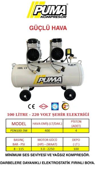 SESSİZ YAĞSIZ PİSTONLU KOMPRESÖR - 100 Lt - 3 HP - 8 Bar - Hava Üretimi: 400 Lt/dk. - 220 Volt
