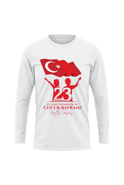 ALPŞAN TİCARET  23 Nisan Baskılı Uzun Kollu İnce T-shirt Çocuk Yetişkin Çocuk Bayramı Uzun Kollu Tişört