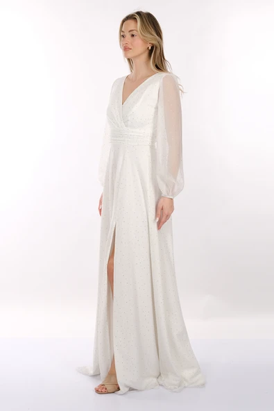 DORİDORCA V Yaka Drapeli Uzun Kollu Şifon Maxi Boy Kadın Abiye Elbise 2246088