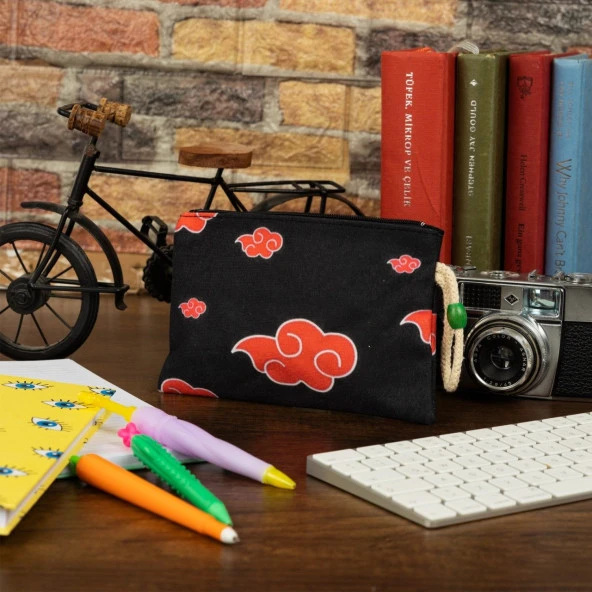 Naruto Bulut Baskılı Bez Kalemlik Fermuarlı Cüzdan Makyaj Çantası - 4