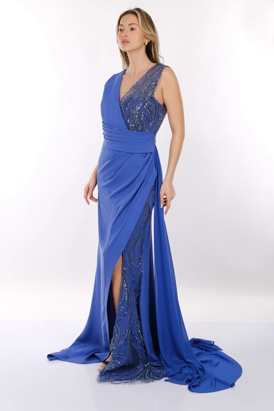 Favore V Yaka Asimetrik Maxi Abiye Elbise - Özel Günler İçin - Resim 3