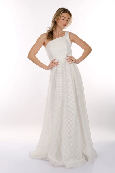 Dori Tek Omuz Kendinden Desenli Maxi Boy Kadın Abiye Elbise 2246026 - 6