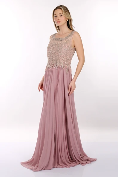 Favore Kolsuz Yuvarlak Yaka Maxi Plise Abiye Elbise - Özel Günler İçin - Resim 4