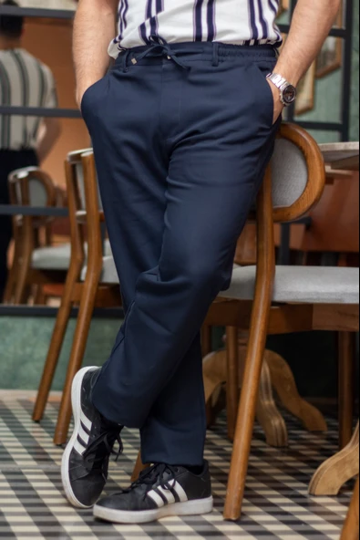 Erkek Lacivert Esnek Rahat Kumaş Beli Lastikli Bağcıklı Düz Paça Jogger Pantolon 25EPNTJASR - 6