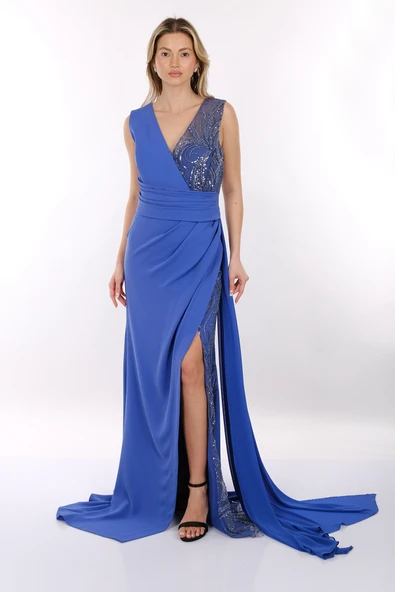 Favore V Yaka Asimetrik Maxi Abiye Elbise - Özel Günler İçin - Resim 2