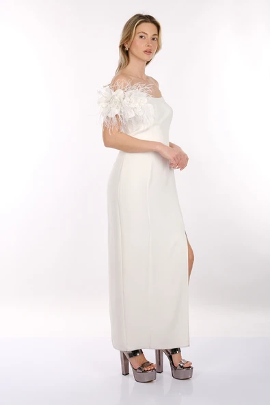 DORİDORCA Kayık Yaka Düşük Kol Yırtmaçlı Saten Kumaş Maxi Boy Kadın Abiye Elbise 2246040 - Resim 6