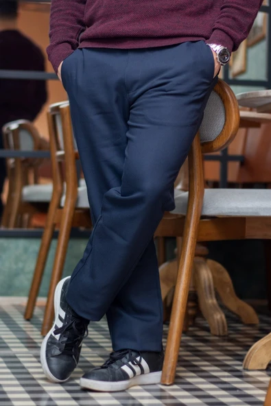 Erkek Lacivert Esnek Rahat Kumaş Beli Lastikli Bağcıklı Düz Paça Jogger Pantolon 25EPNTJASR - 3