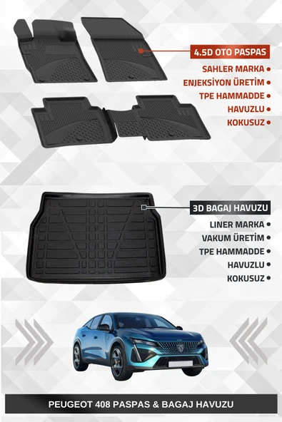 Sahler Peugeot 408 2022+ Uyumlu 4.5d Premium Havuzlu Paspas ve Liner Marka 3D Bagaj Havuzu
