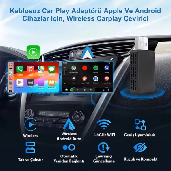 Polham Apple İphone ve Android İle Uyumlu Kablosuz Carplay Multimedya Çeviricisi, Navigasyon, Müzik Çevirici - 2