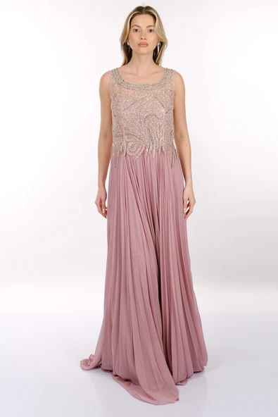 Favore Kolsuz Yuvarlak Yaka Maxi Plise Abiye Elbise - Özel Günler İçin - Resim 7